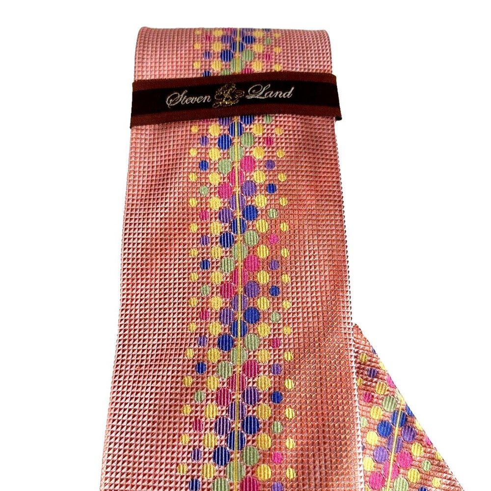 Steven Land Big Knot Men's Tie & Pocket Square Coral Blue Yellow Green 100% Silk